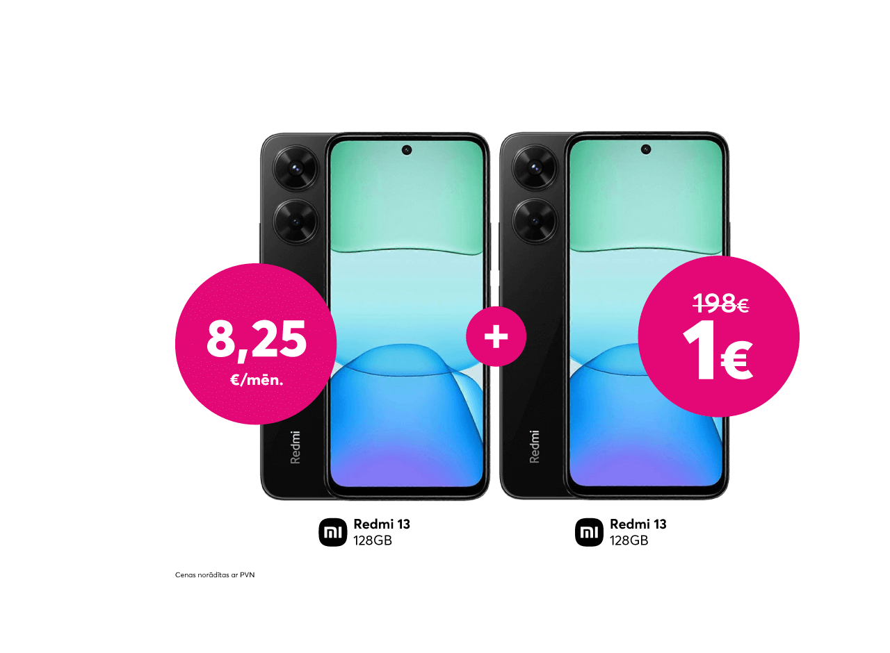 Pērc Xiaomi Redmi 13 tikai par 8,25 eiro mēnesī un saņem Xiaomi Redmi 13 tikai par 1 eiro.
