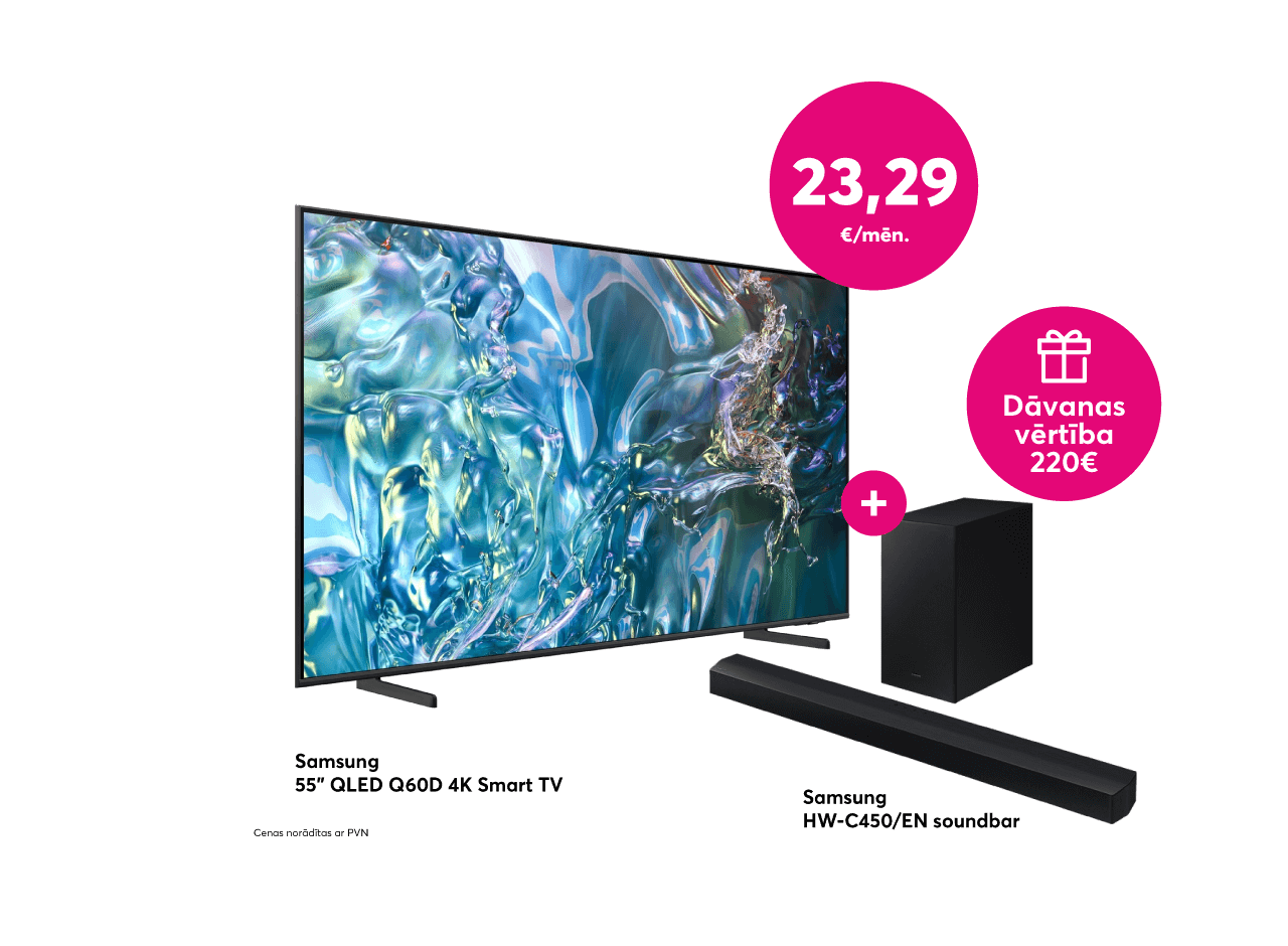 Pērc Samsung 55 collu QLED Q60D 4K Smart TV par 23, 29 eiro mēnesī un saņem dāvanā Samsung skaņu sistēmu, 220 eiro vērtībā.