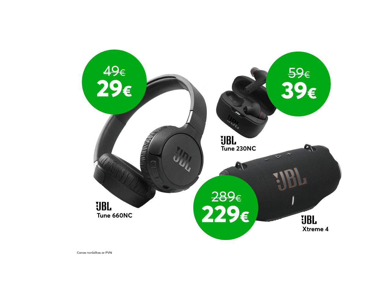 Pērc JBL Tune 660NC austiņas par 29 eiro līdzšinējo 49 eiro vietā, vai JBL Xtreme 4 bezvadu skaļruni par 229 eiro līdzšinējo 289 eiro vietā.