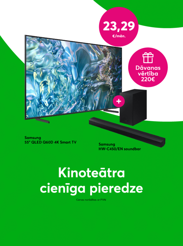 Pērc Samsung 55 collu QLED Q60D 4K Smart TV par 23, 29 eiro mēnesī un saņem dāvanā Samsung skaņu sistēmu, 220 eiro vērtībā.