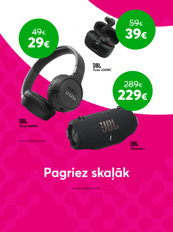 Pērc JBL Tune 660NC austiņas par 29 eiro līdzšinējo 49 eiro vietā, vai JBL Xtreme 4 bezvadu skaļruni par 229 eiro līdzšinējo 289 eiro vietā.