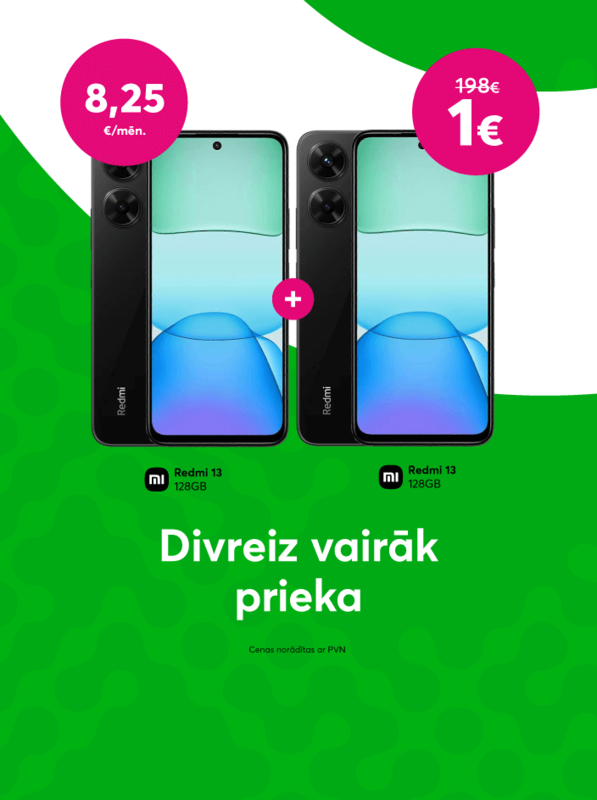 Pērc Xiaomi Redmi 13 128GB tikai par 8,25 eiro mēnesī un saņem Xiaomi Redmi 13 128GB tikai par 1 eiro.